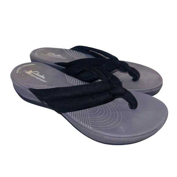 Clarks Cloudsteppers Sandals  9 Black Gray Cushioned Flip Flops Slip-On Casual - Picture 1 of 9